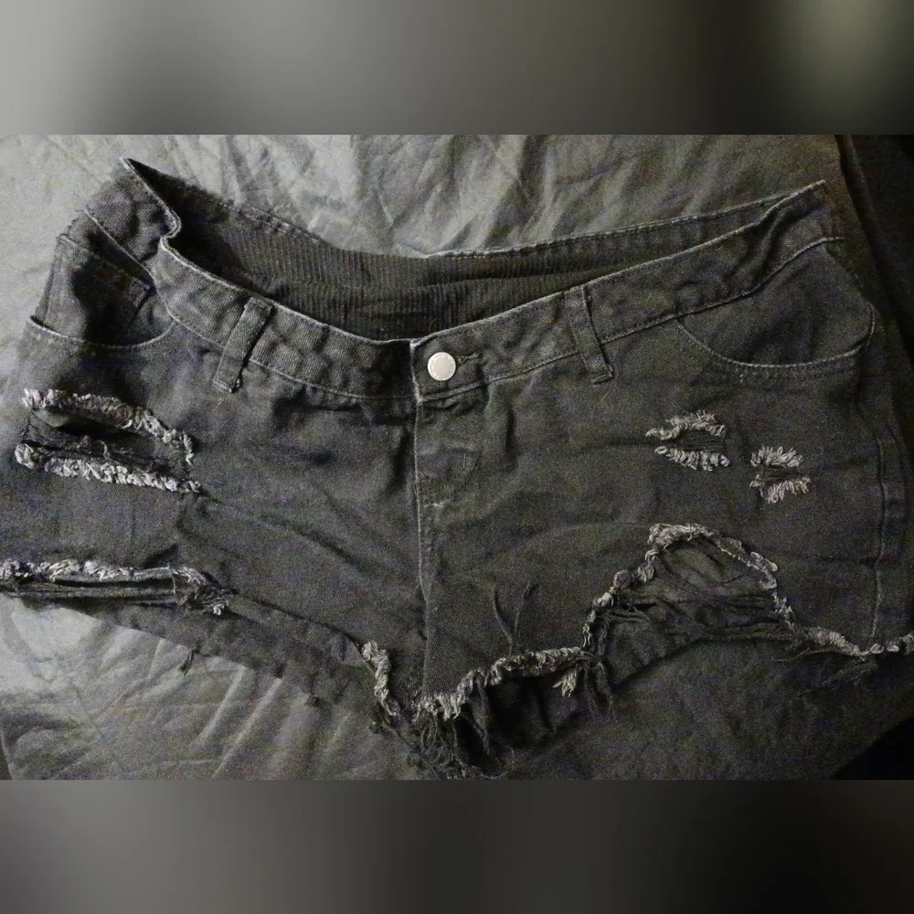 Black Distressed Maternity Denim Shorts | Over-Belly Panel | Stretch | Casual - Picture 5 of 9
